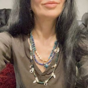 Multi-string blue, green and white beaded stone and pearl necklace